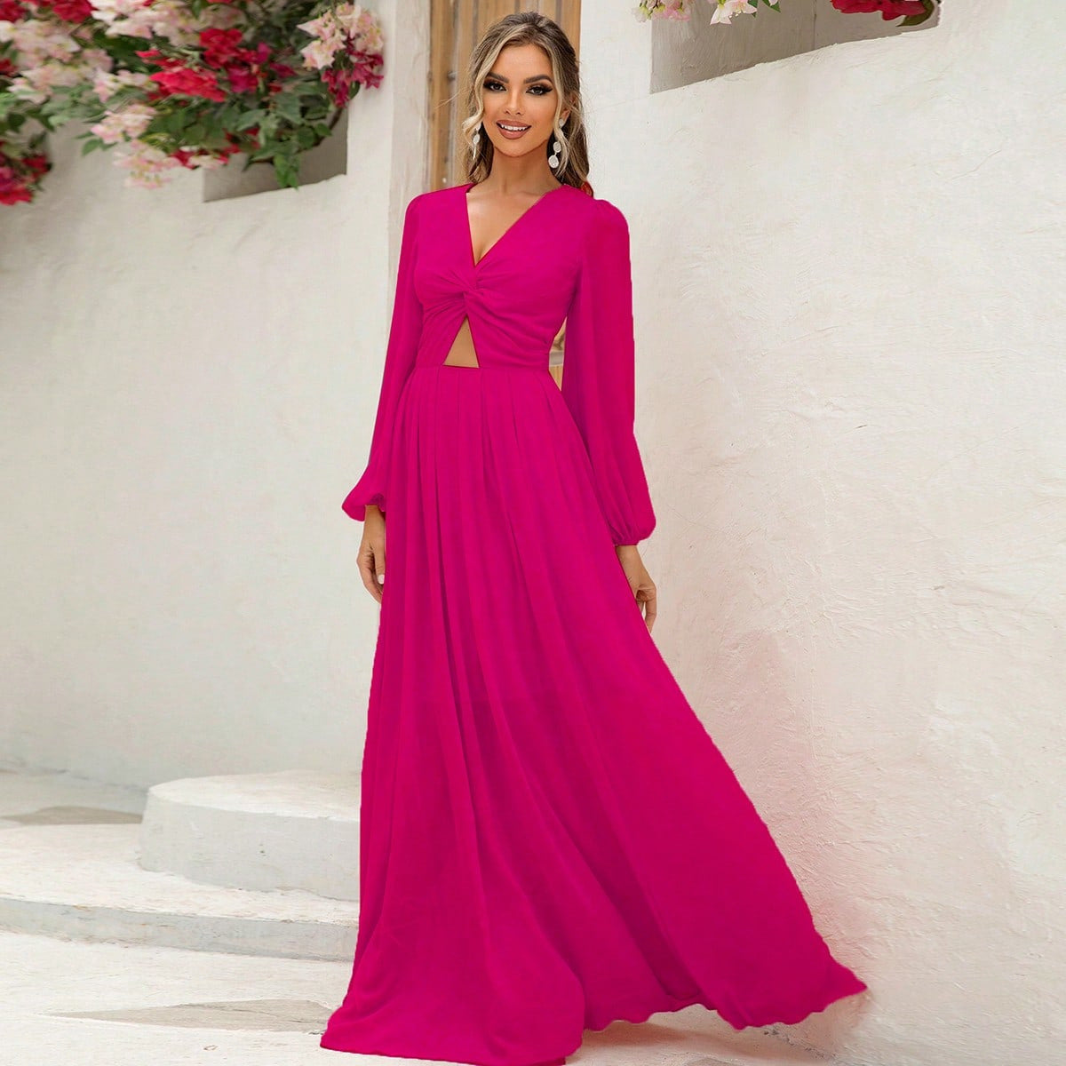 Women Clothing Front Twist Hollow Out Cutout Out Lantern Sleeve Dress Rose