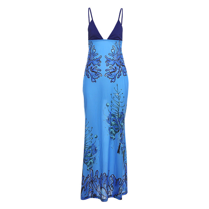 Autumn Women Contrast Color Printed V neck Sexy Backless Spaghetti Straps Dress Blue