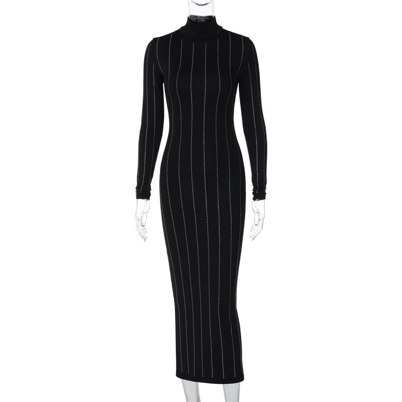 Women Clothing Winter Fashionable Elegant Rhinestone Slim Fit Turtleneck Long Sleeve Dress Black