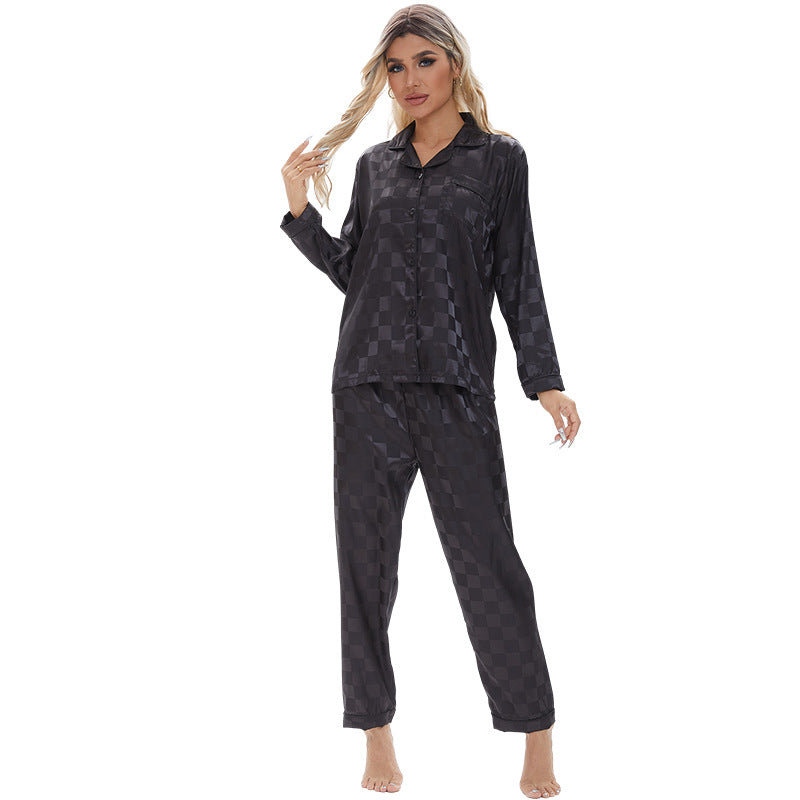 Long Plaid Chessboard Home Wear Pajamas Lady Pajamas Short Sleeve Black