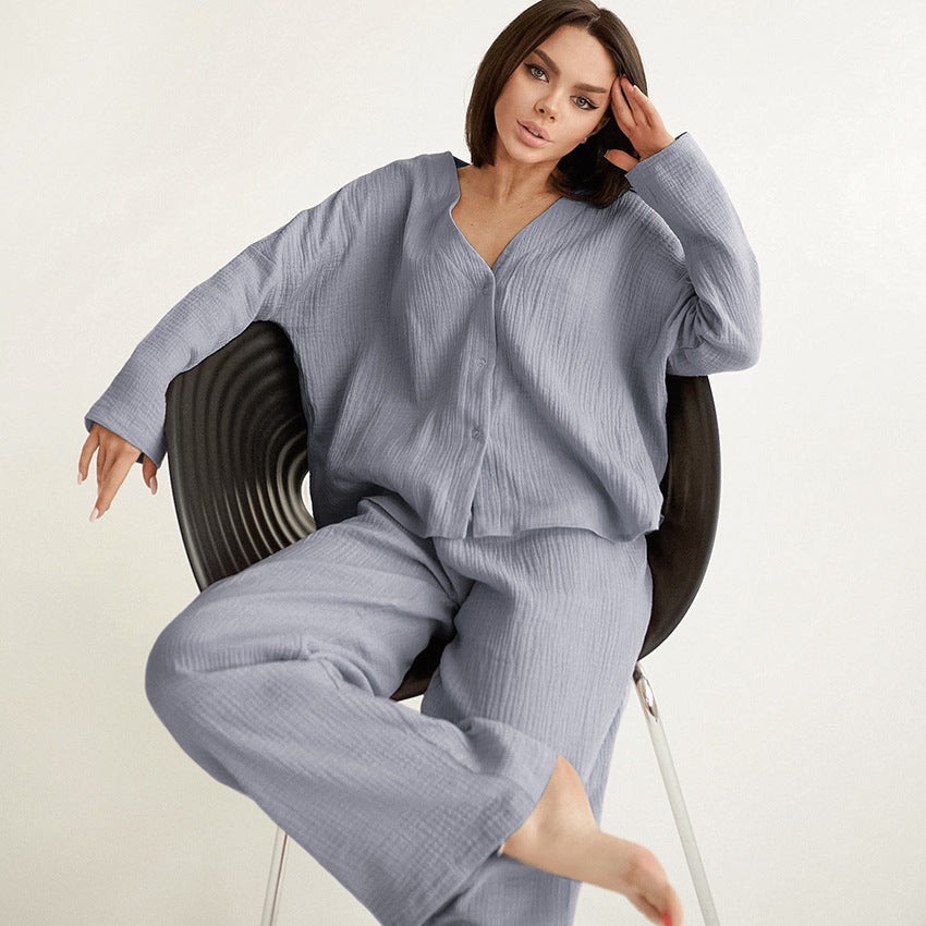 Summer Double Layer Crepe V-neck French Loose Comfortable Long Sleeve Pajamas Women Cotton Linen Homewear Set Gray