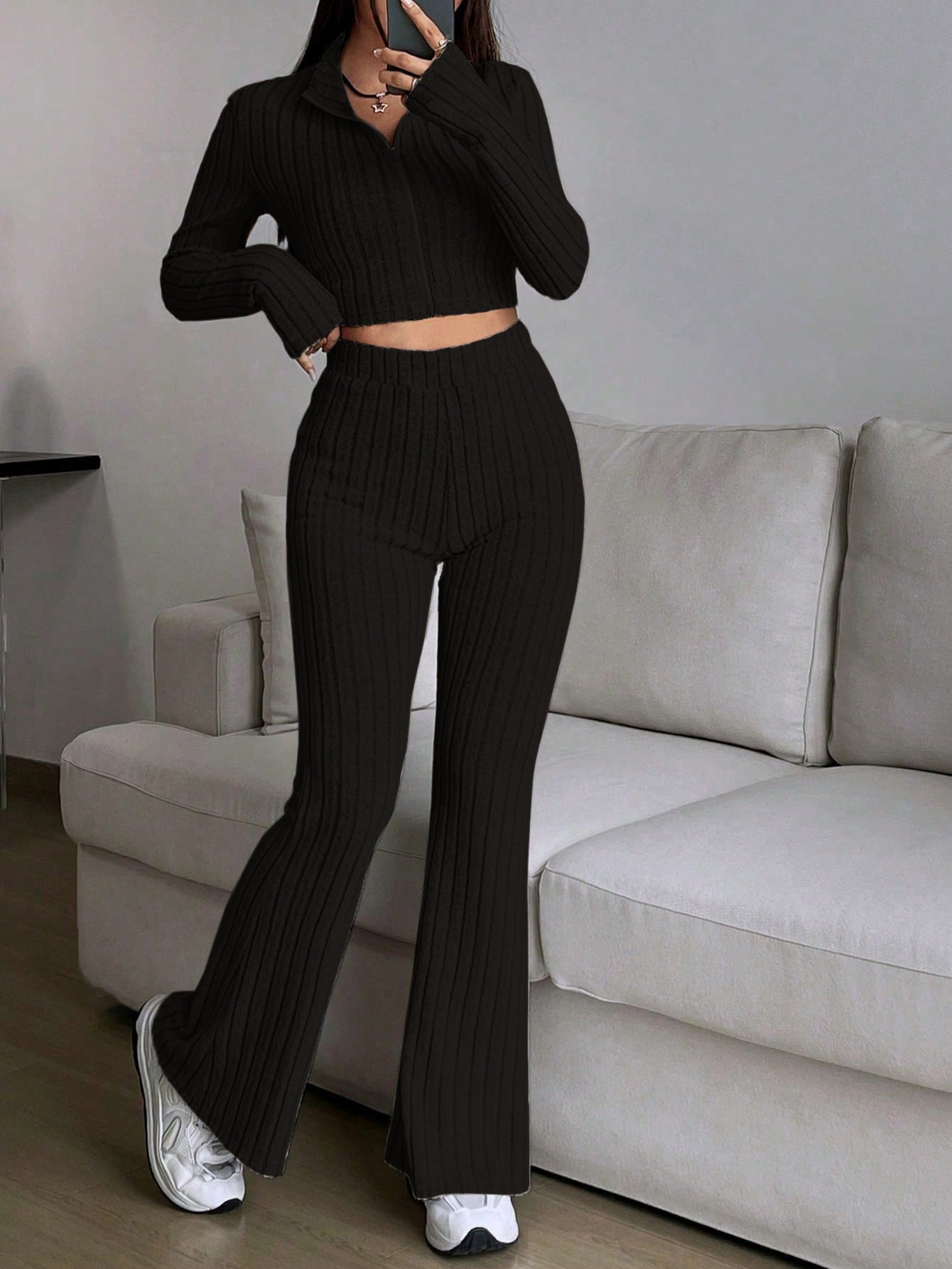 Zipper Cardigan High Waist Flared Pants Solid Color Knitwear Wide Leg Pants Sets Purplish blue