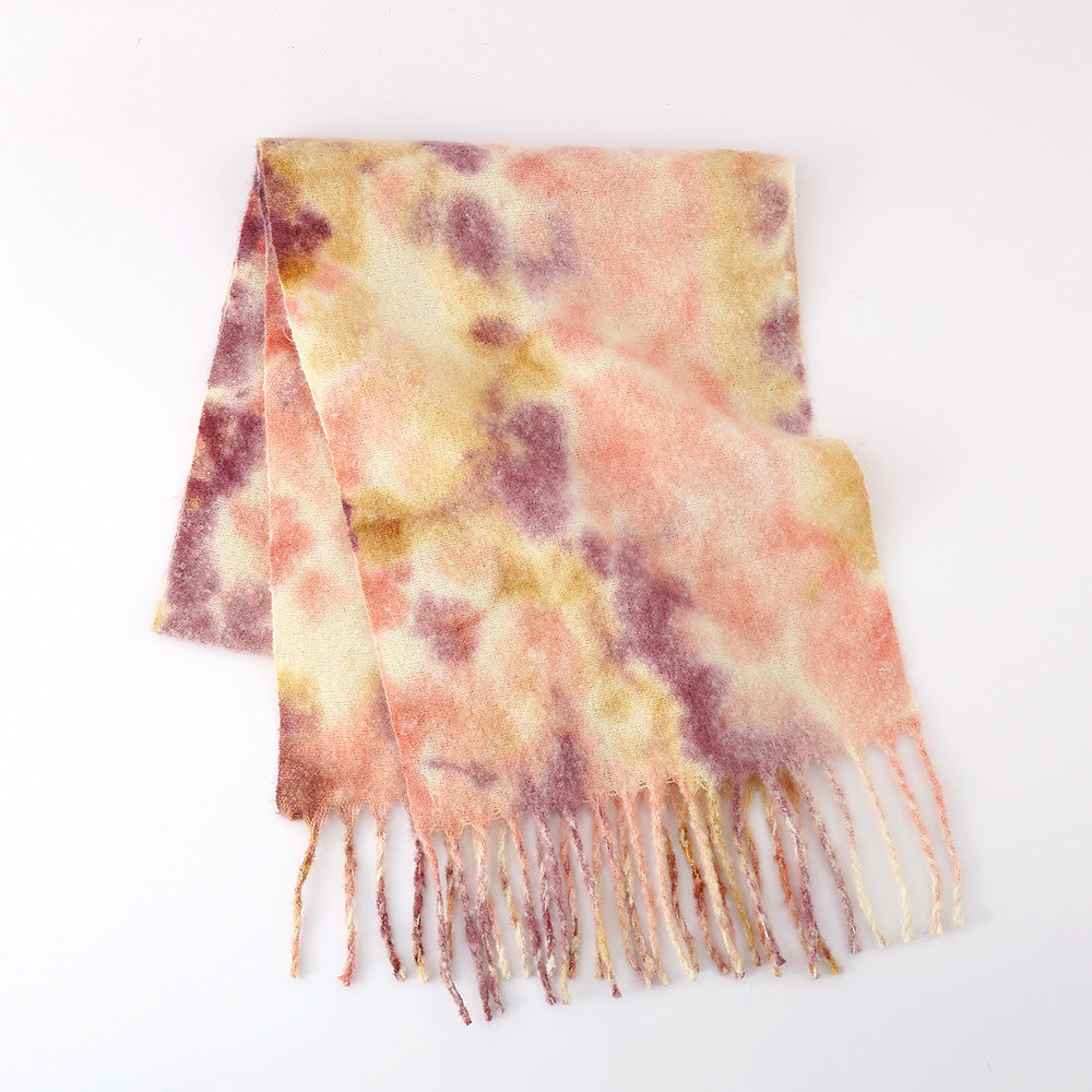 Scarf Women Woven Circle Yarn Mohair Spray Dyed Printing Gradient Color Lengthen Thicken Scarf One Size Pink