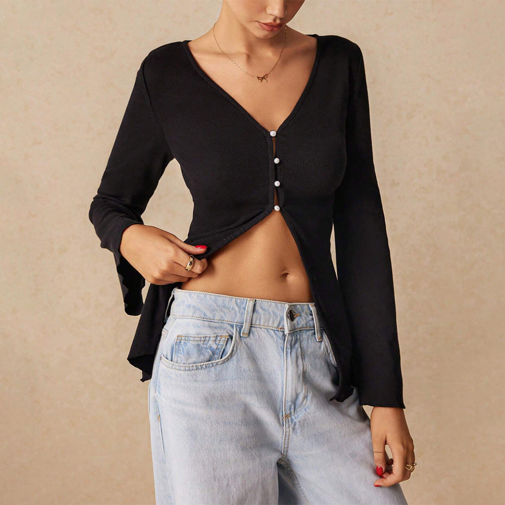 Women Clothing V Neck Sexy T Shirt Autumn Winter Special Interest Design Slim Fit Short Cropped Cardigan Top