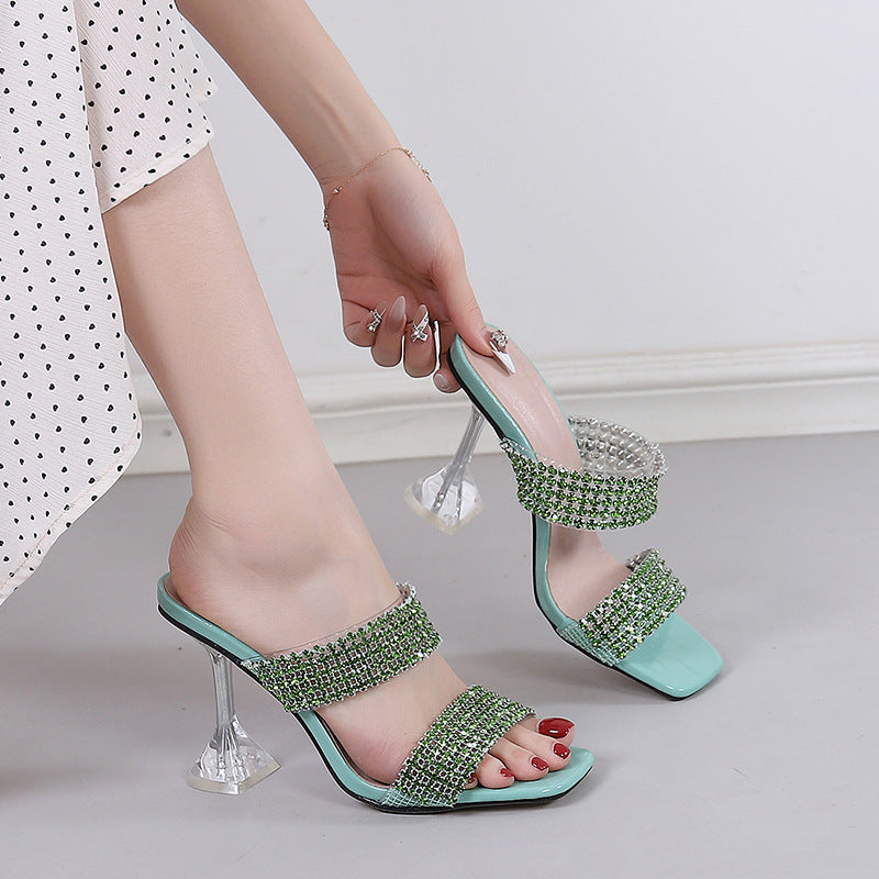 Summer Transparent Ankle Strap Sexy Open Toe Stiletto Heel Slippers Rhinestone Outdoor Cocktail Wine Glass Heel Light Green