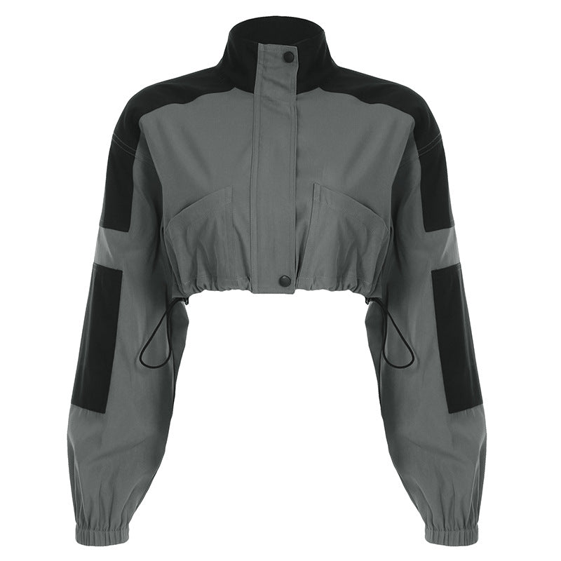 Women Clothing Black Gray Turtleneck Mechanical Zip Jacket Basic All Matching Futuristic Windbreaker Jacket