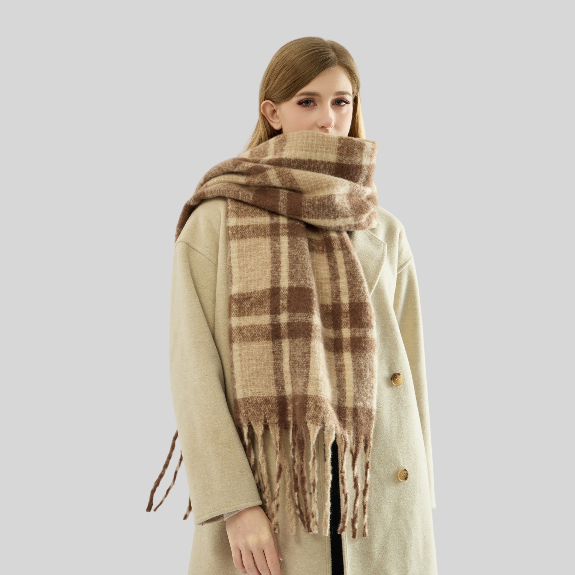 Autumn Winter Mohair Plaid Scarf for Women Thickened High Grade Cashmere like Scarf Warm Scarf