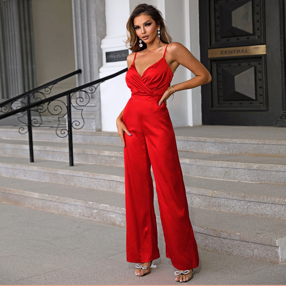 Women Wear Sexy Overlapping Collar Wide Leg Suspender Jumpsuit Red