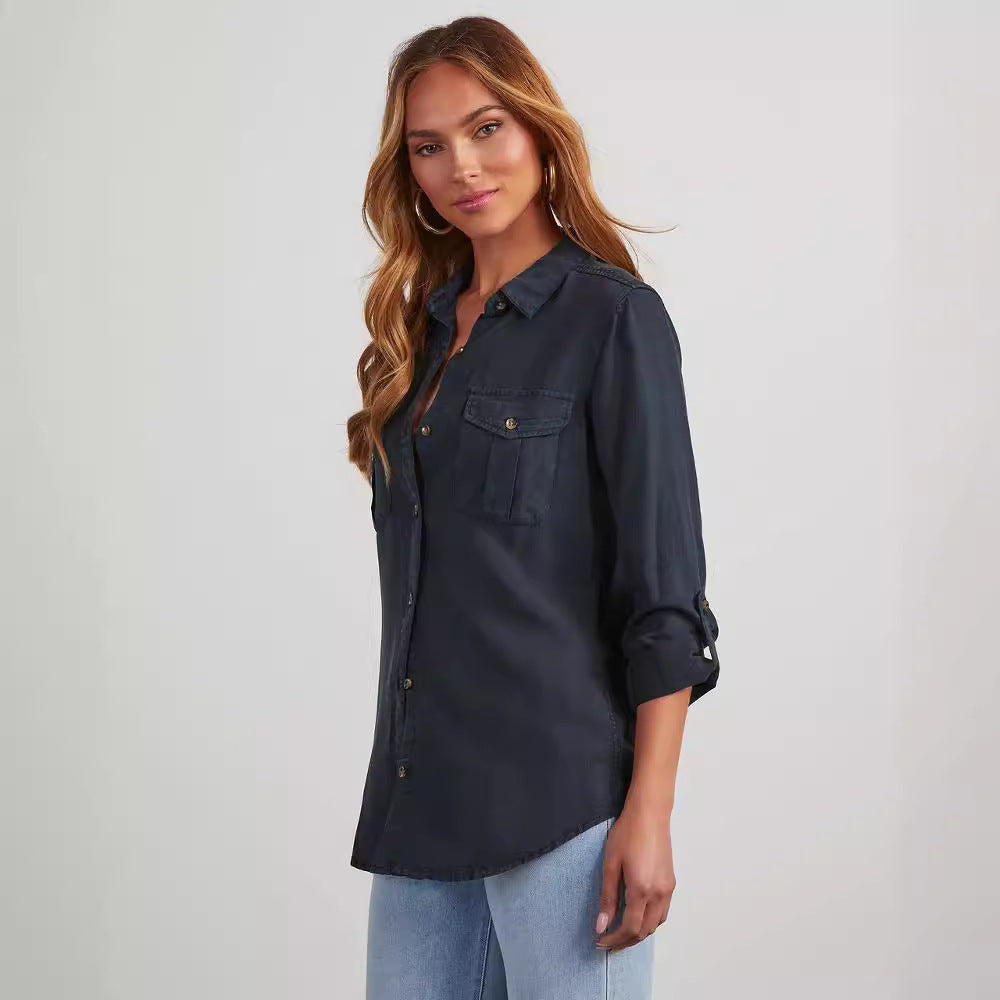 Denim Shirt Autumn Casual Collared Single Breasted Women Long Sleeve Denim