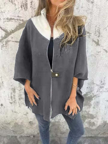 Autumn Winter Casual Loose Zip Stand up Collar Jacket Gray