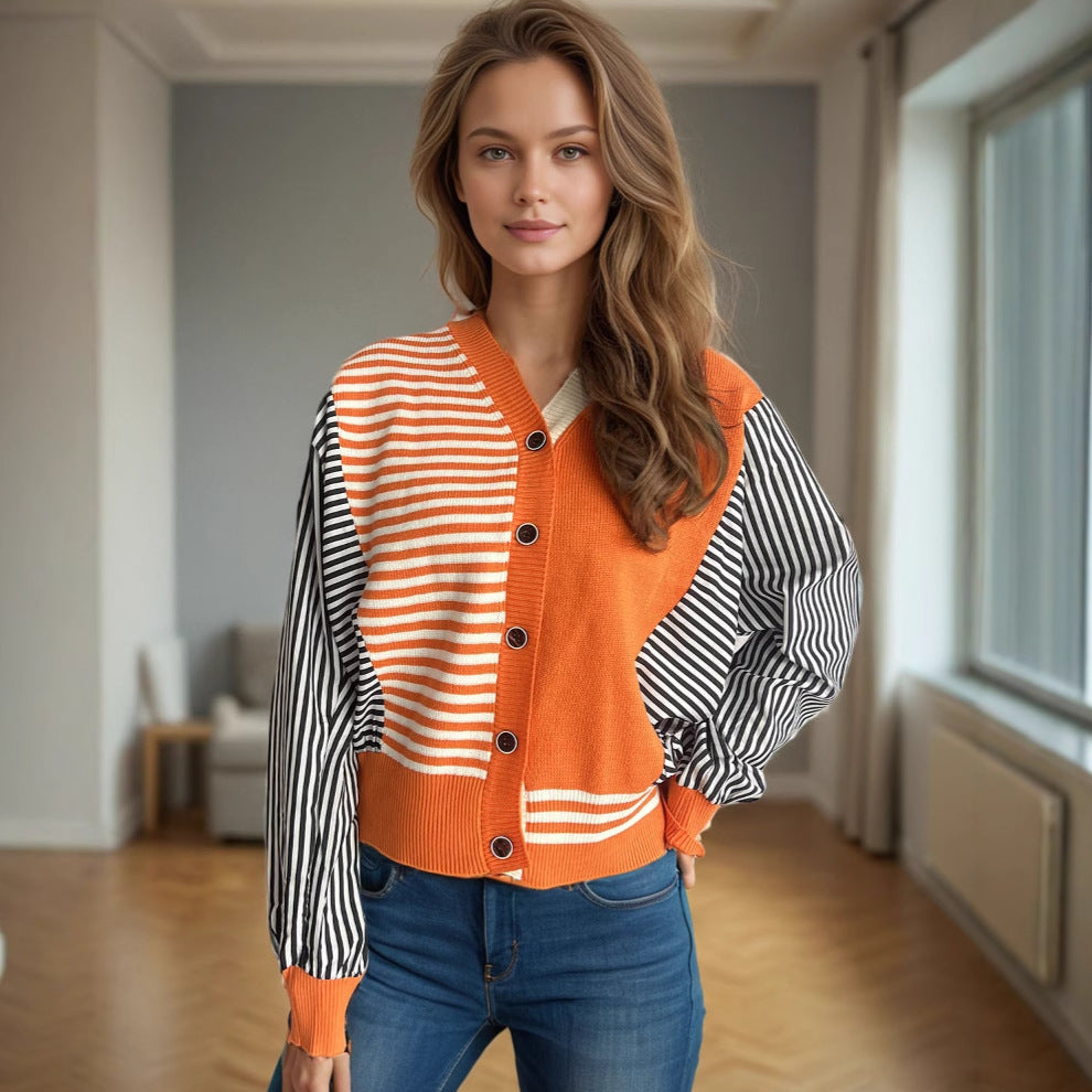 Autumn Winter Patchwork Striped Sweater V neck Short Casual Loose Long Sleeve Knitted Cardigan