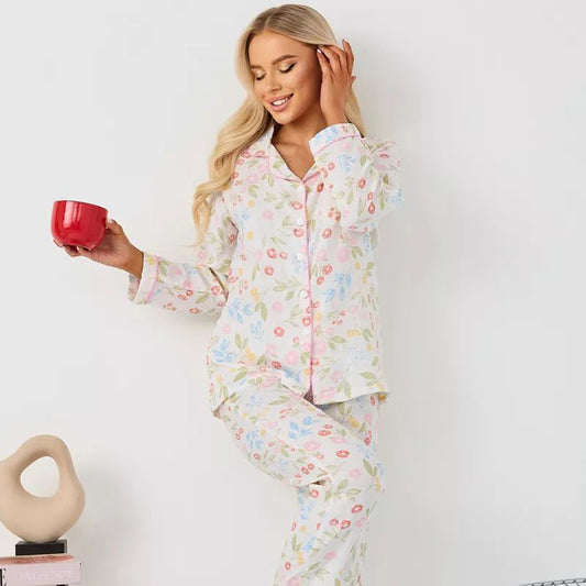 Women Silk like Long Sleeved Trousers Cardigan Pajamas Two Piece Casual Simple Ice Feeling Home Wear