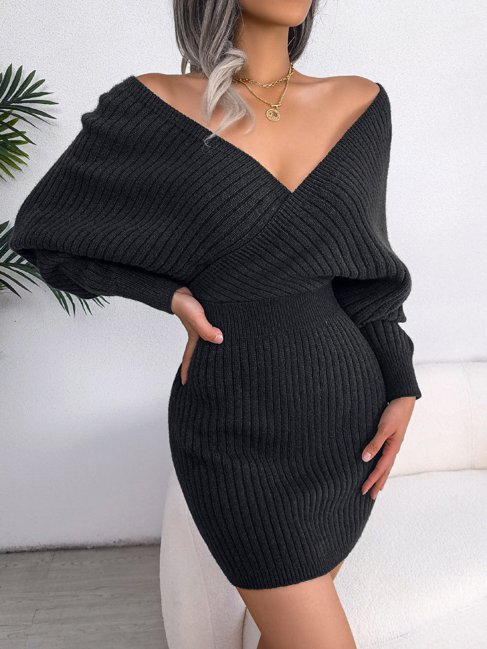 Winter Sexy Criss Cross V neck Bat Sheath Dress Woolen Women Clothing Black