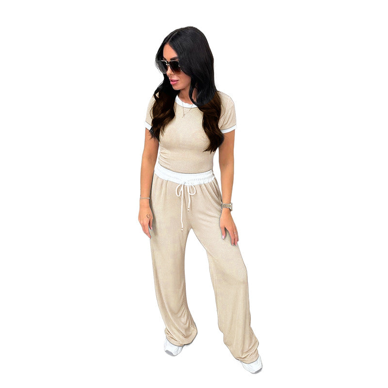 Spring Summer Round Neck Contrast Color Short-Sleeved Women Clothing Casual Wide Leg Pants Sports Suit Apricot