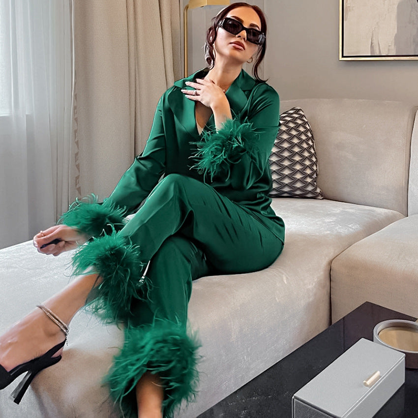 Autumn Winter Fashion Ostrich Feather Pajamas Set Artificial Silk Loose Ladies Homewear Dark Green