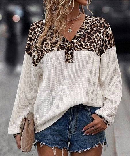 Women Clothing Leopard Splicing Long Sleeve Button Top Women Shirt T shirt White