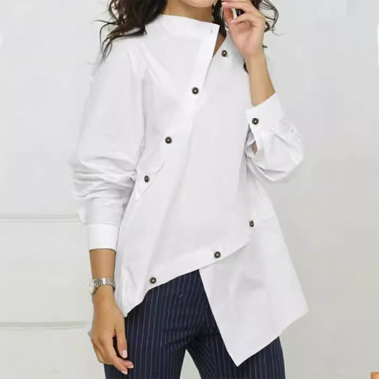 Cool Button Asymmetric Women Shirt Long Sleeve Casual Diagonal Collar Shirt Top Women Clothing