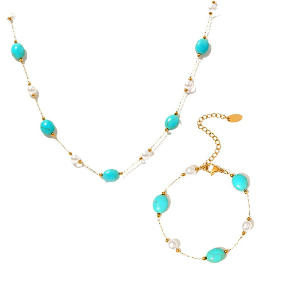 Niche Natural Turquoise Imitation Pearl Necklace Bracelet Stainless Steel Light Luxury Elegant Outfit