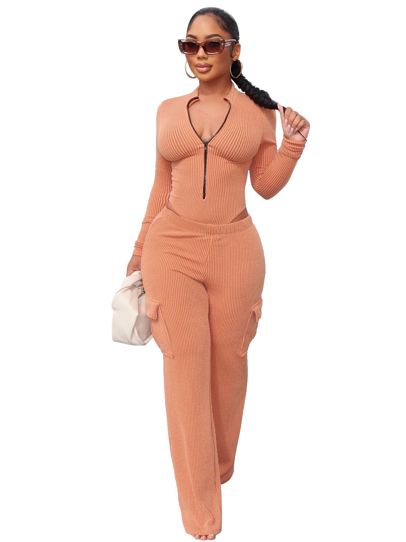 Women Clothing Autumn Winter Elastic Twist Strip High Waist Long Sleeves Jumpsuit Overalls Two Piece Sets Orange