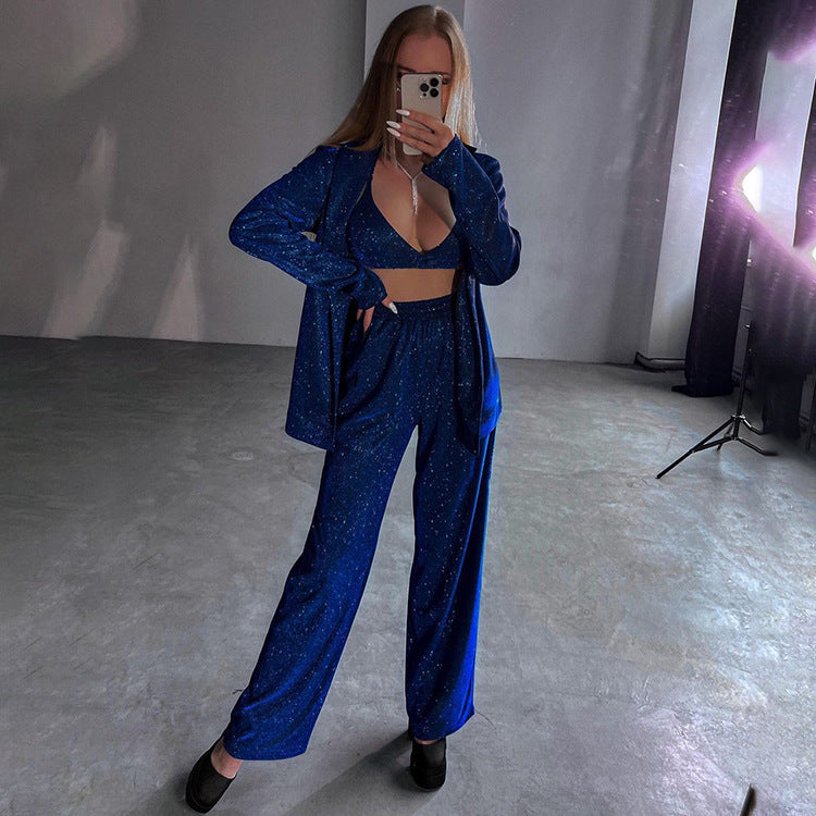 Women Clothing Glitter Three Piece Set Sexy Party Long Sleeve Suit Top High Waist Trousers Suit S Blue