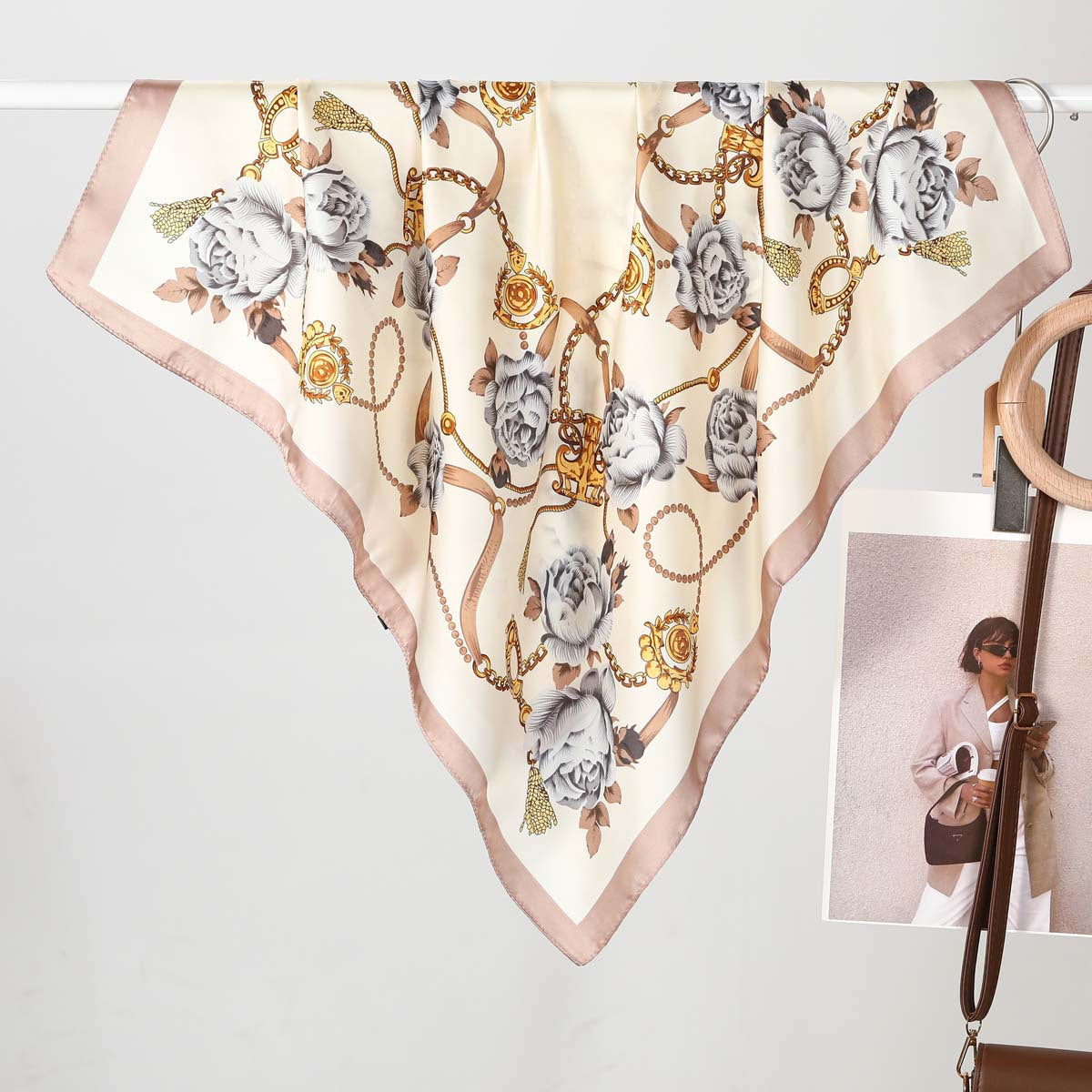 Romantic Camellia Printed Emulation Silk Scarf Women High Grade Small Scarf Spring Summer Sun Protection One Size Chain Rose Beige