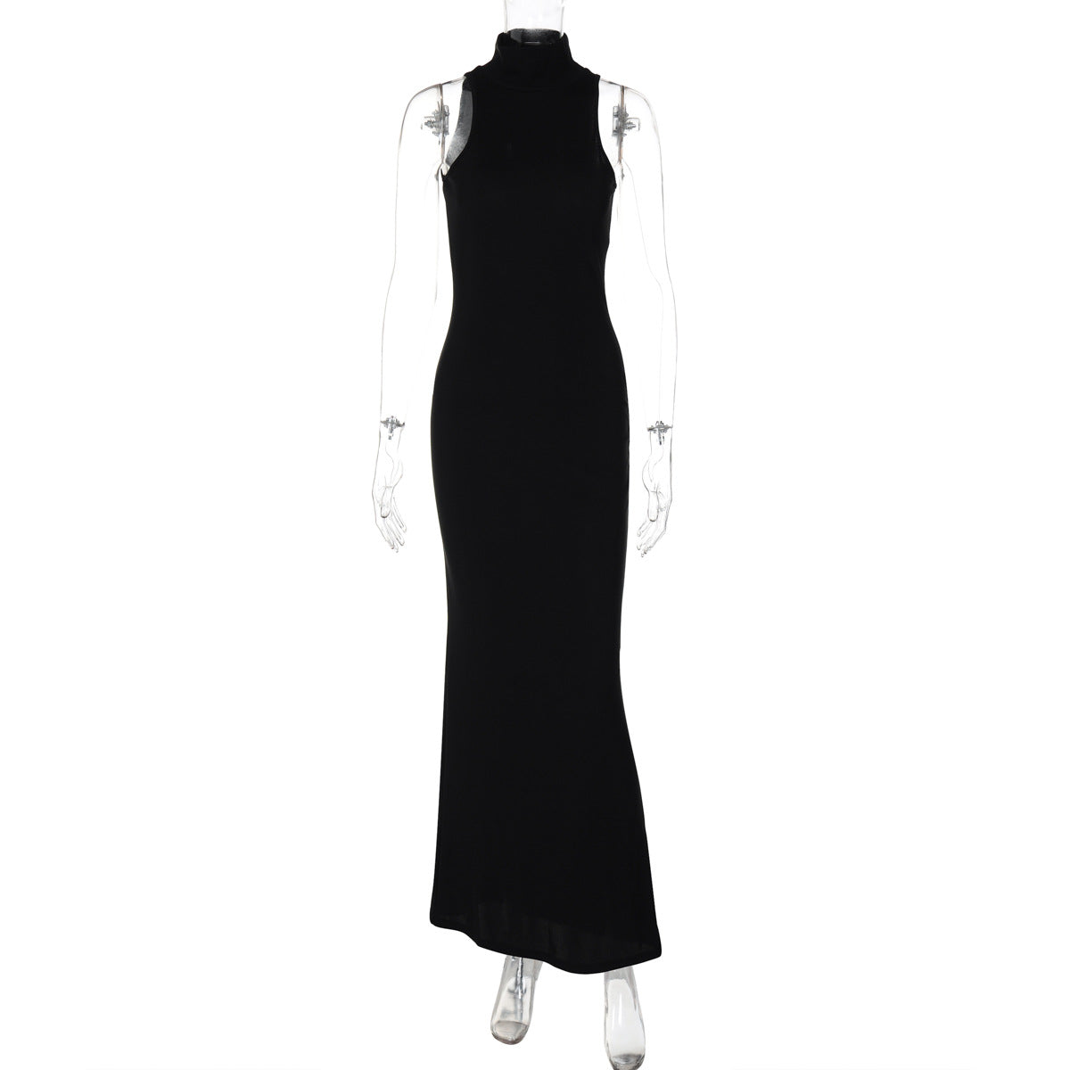 Women Clothing Fashionable Half Turtleneck Sleeveless Solid Color Slim Waist Slimming Maxi Dress Black