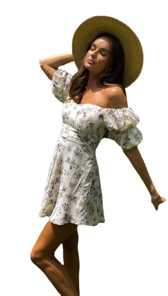 Women Clothing Summer Floral-Print off-Shoulder Lantern Sleeve Short Dress