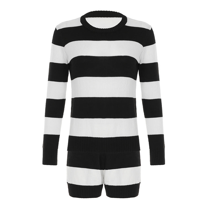 Street Casual Striped Contrast Color Pullover Top Long Sleeve Woolen Shorts Two Piece Set for Women Set