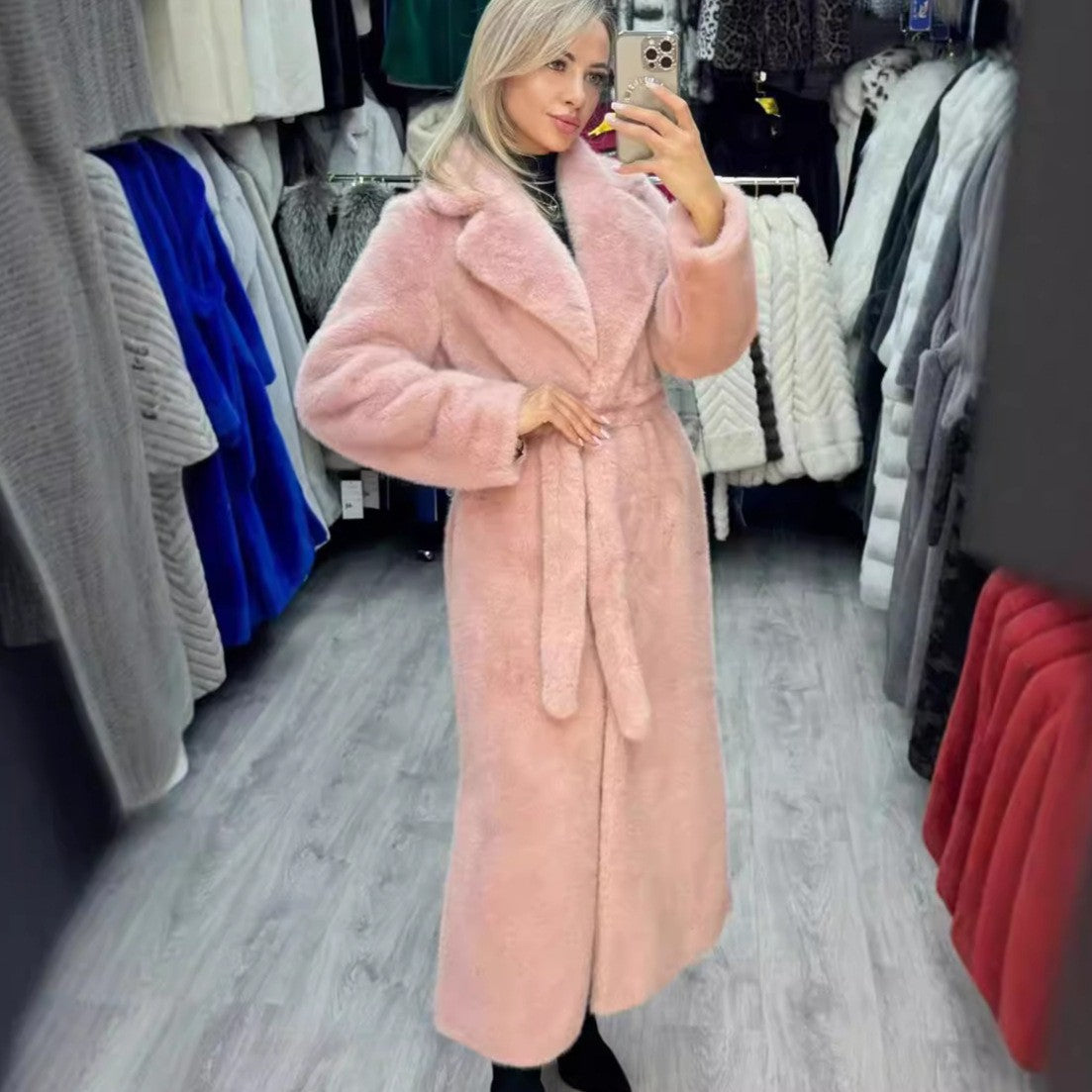 Winter Thick Fur Coat Women Lengthened Faux Fur Overcoat Fluffy Soft Imitation Rabbit Fur Coat Women Pink