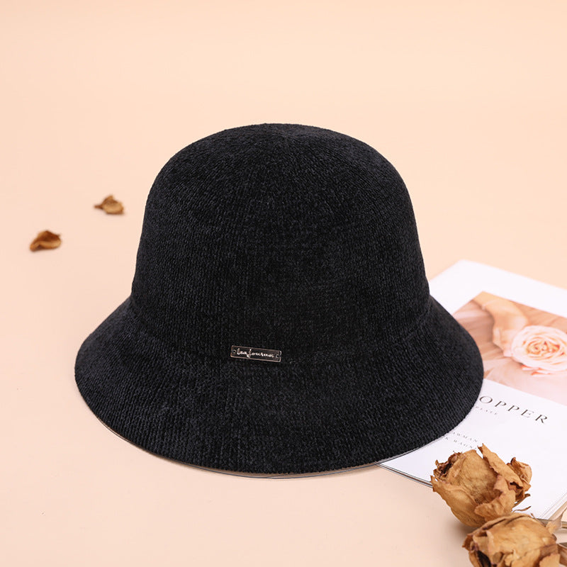 Autumn Winter Arrival Chenille Bucket Hat Simple Elegant Dome Knitted Hat Children One Size Black