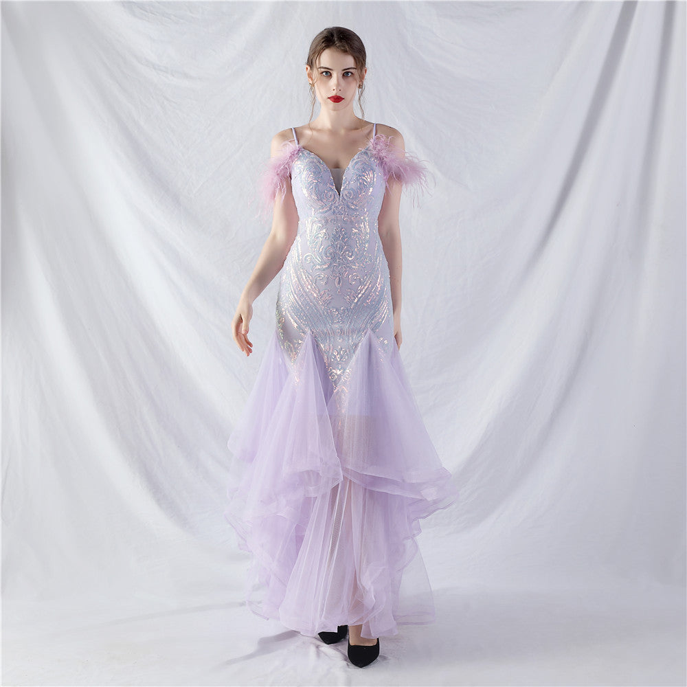 Craft Order Ostrich Feather Hard Mesh Positioning Floral Sequin Stitching Mesh Dance Performance Dress Light Lavander