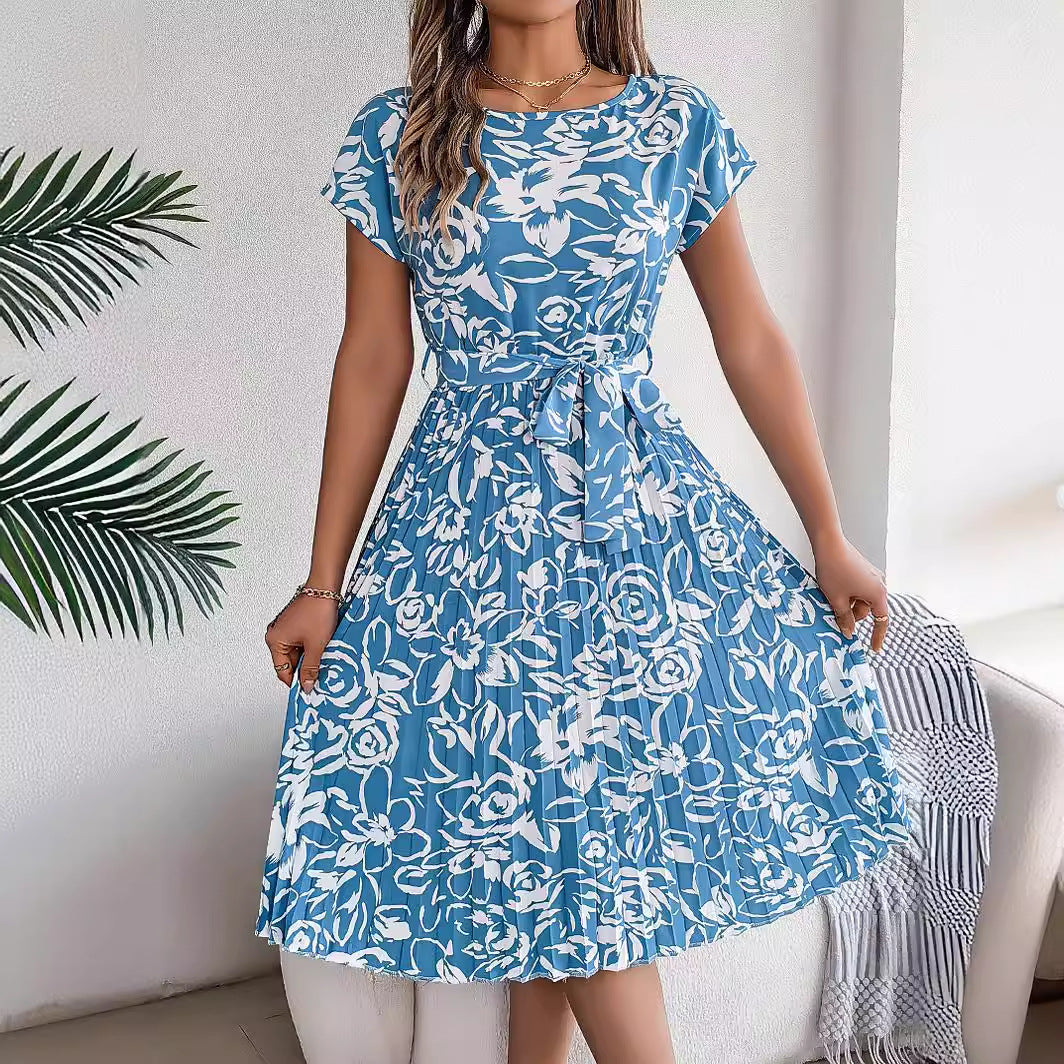 Spring Summer Elegant Floral Short Sleeve Large Hem Pleated Dress Women Clothing