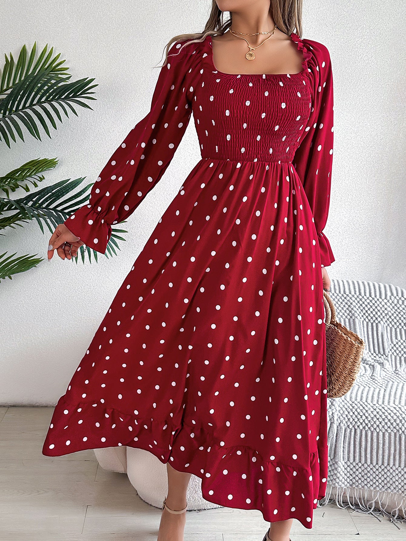 Real Shot Autumn Winter Casual Wooden Ear Square Collar Polka Dot Large Swing Dress Women Red