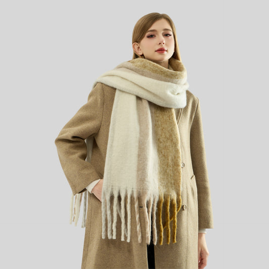 Color Matching Mohair Scarf Women Autumn Winter High Grade Thick Warm Scarf Simple All Match Scarf