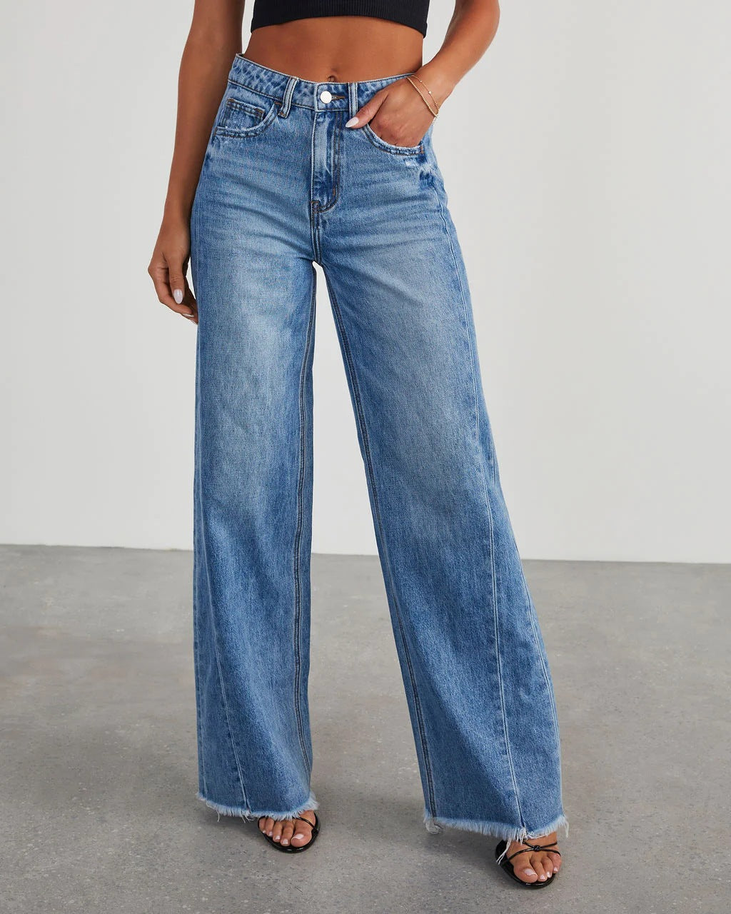 Loose Wide Leg Side Seam Stitching Frayed Hem Jeans Women Blue