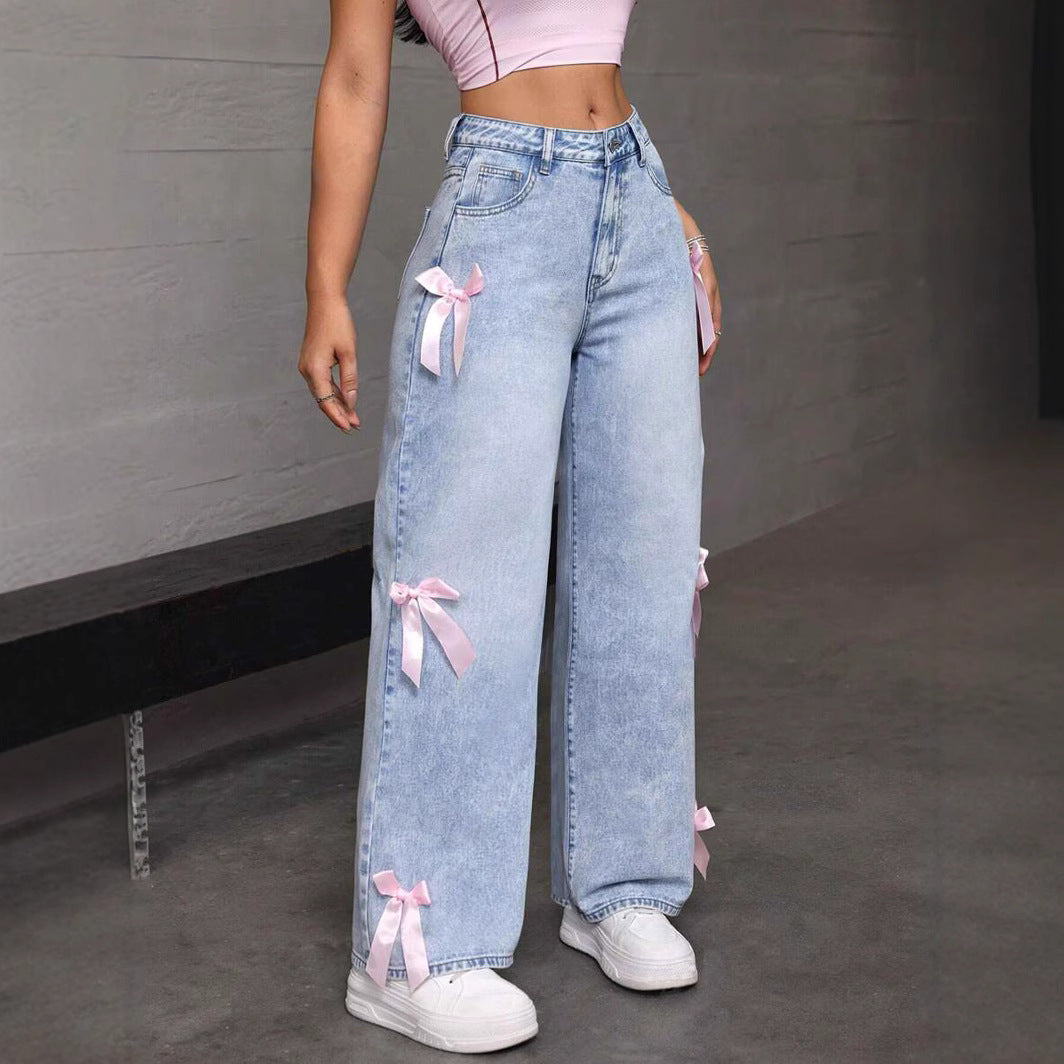 Street Sexy Bowknot Washed Jeans Loose Straight Leg Wide Leg Pants Jeans