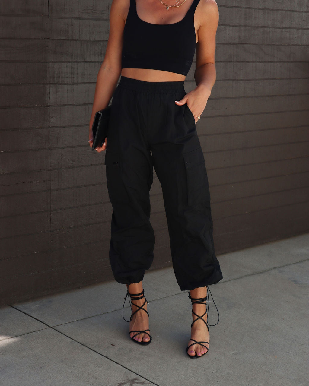 Cargo Pants Women's Elastic Waist Loose Drawstring Ankle Tied Woven Casual Trousers Black