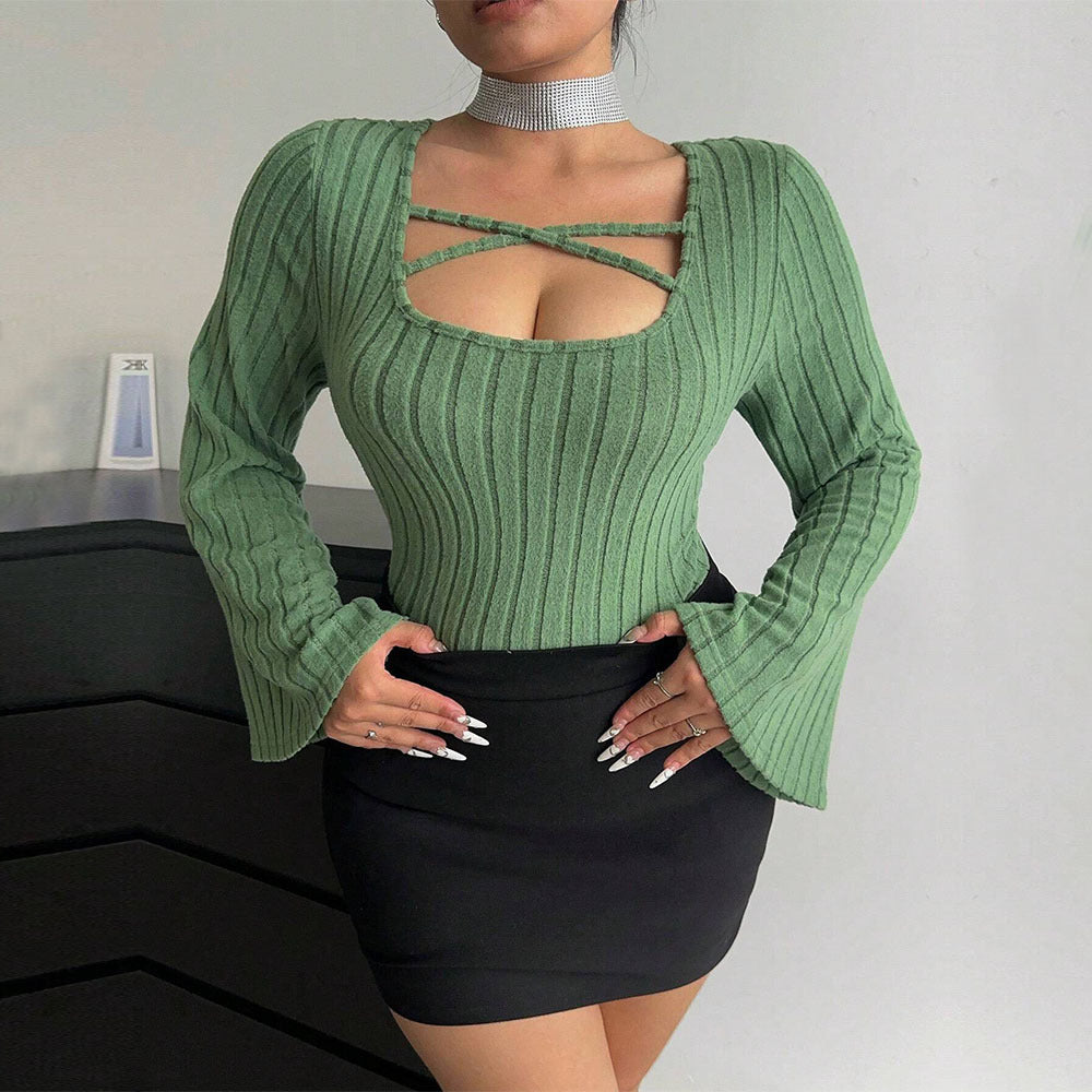 Plus Size Women Clothes Square Collar Adult Lady like Woman T shirt Autumn Winter Bell Sleeve Elegant Top Green