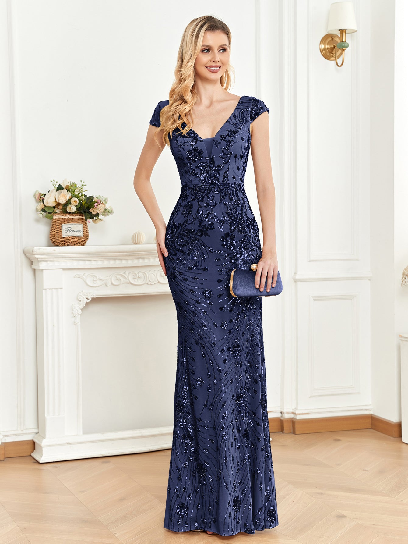 Sequined Champagne Evening Dress Women Cocktail Sexy Slim Fit Fishtail Long Toast Dress Navy Blue