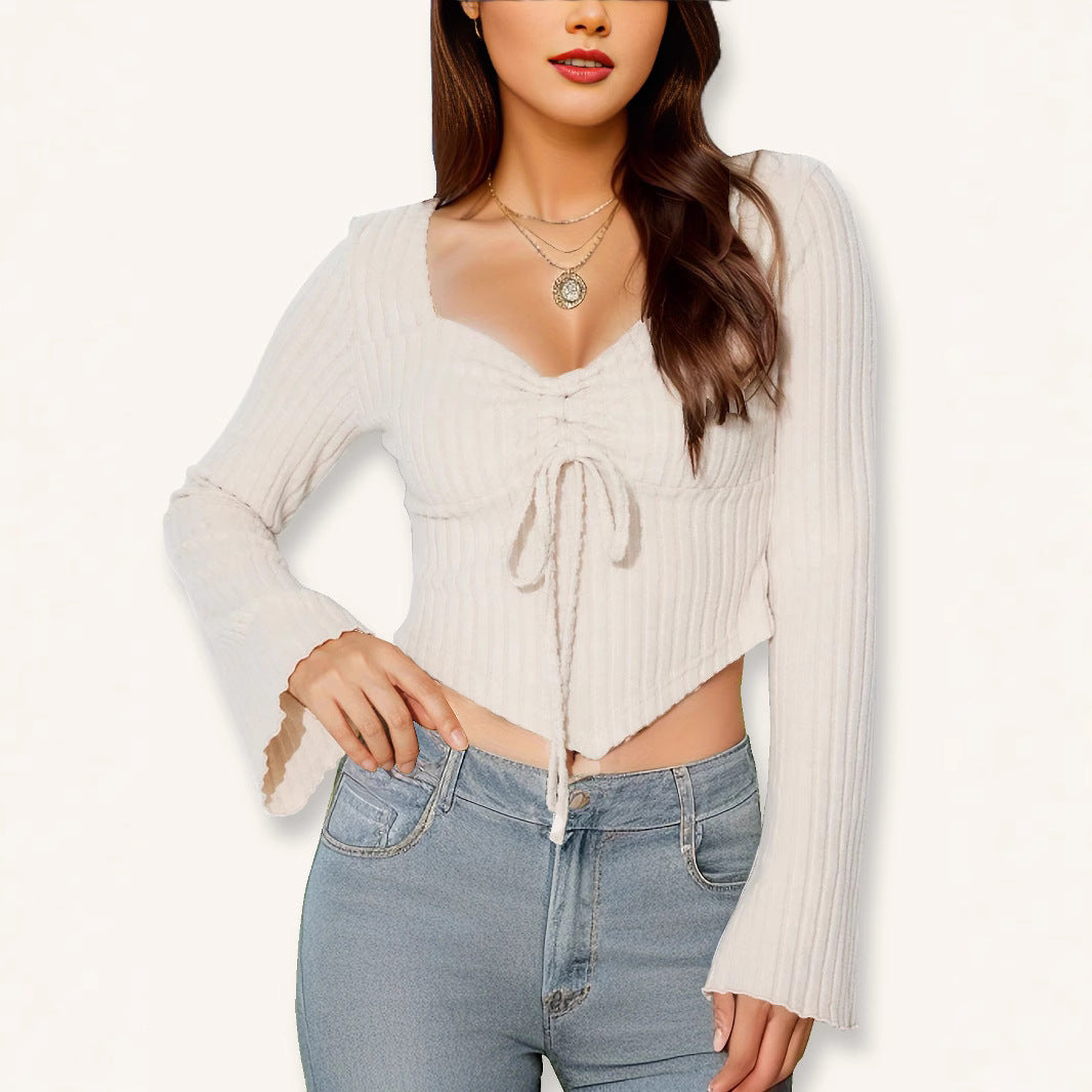 Autumn Winter V neck Drawstring Bell Sleeve Women Clothing Sexy Slim Fit Short Cropped Top