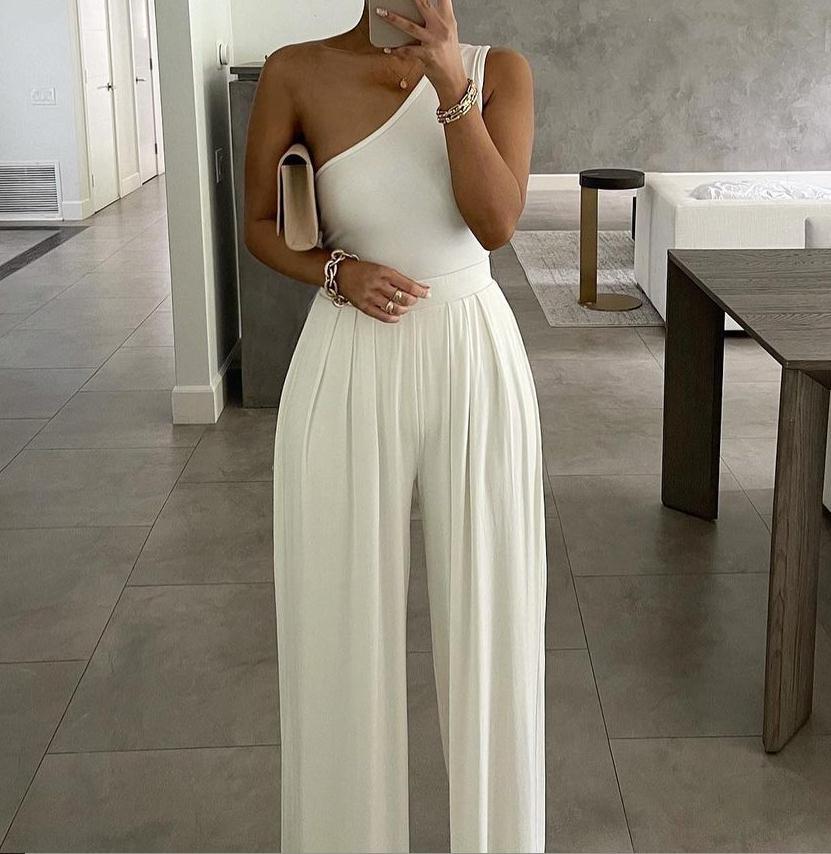 Same as Web Celebrities Concise Sexy One Shoulder Asymmetric Comfortable Jumpsuit White