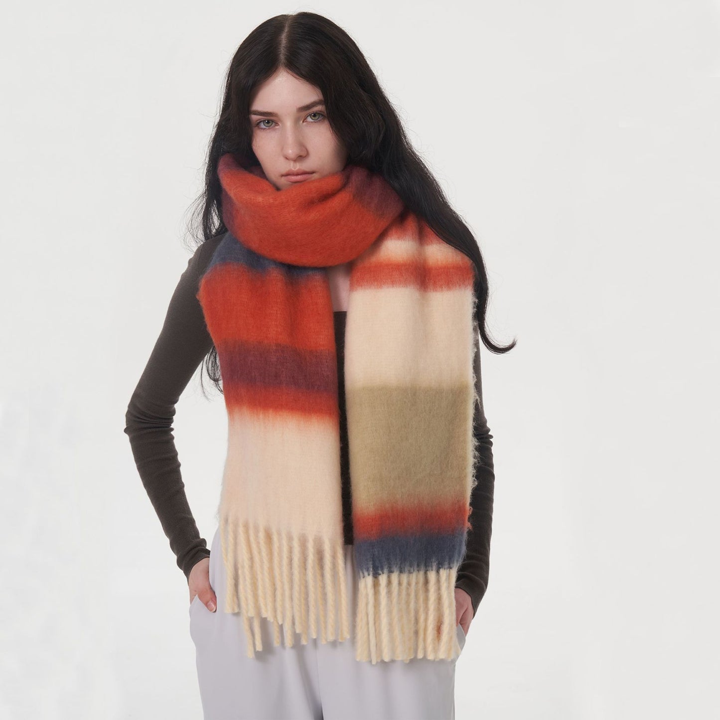 All Matching Thick Soft Glutinous Striped Stitching Mohair Cashmere like Plaid Scarf for Women Winter One Size Multi3