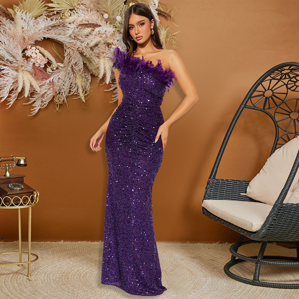 Black Paillette Feather Stitching Sequin Sexy Evening Dress Maxi Dress for Women Purple