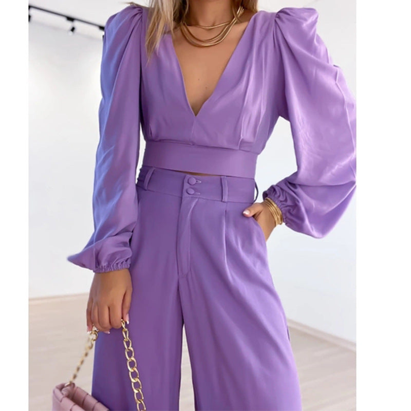 Women Clothing Spring V neck Long Sleeve Shirt High Waist Wide Leg Trousers Casual Set