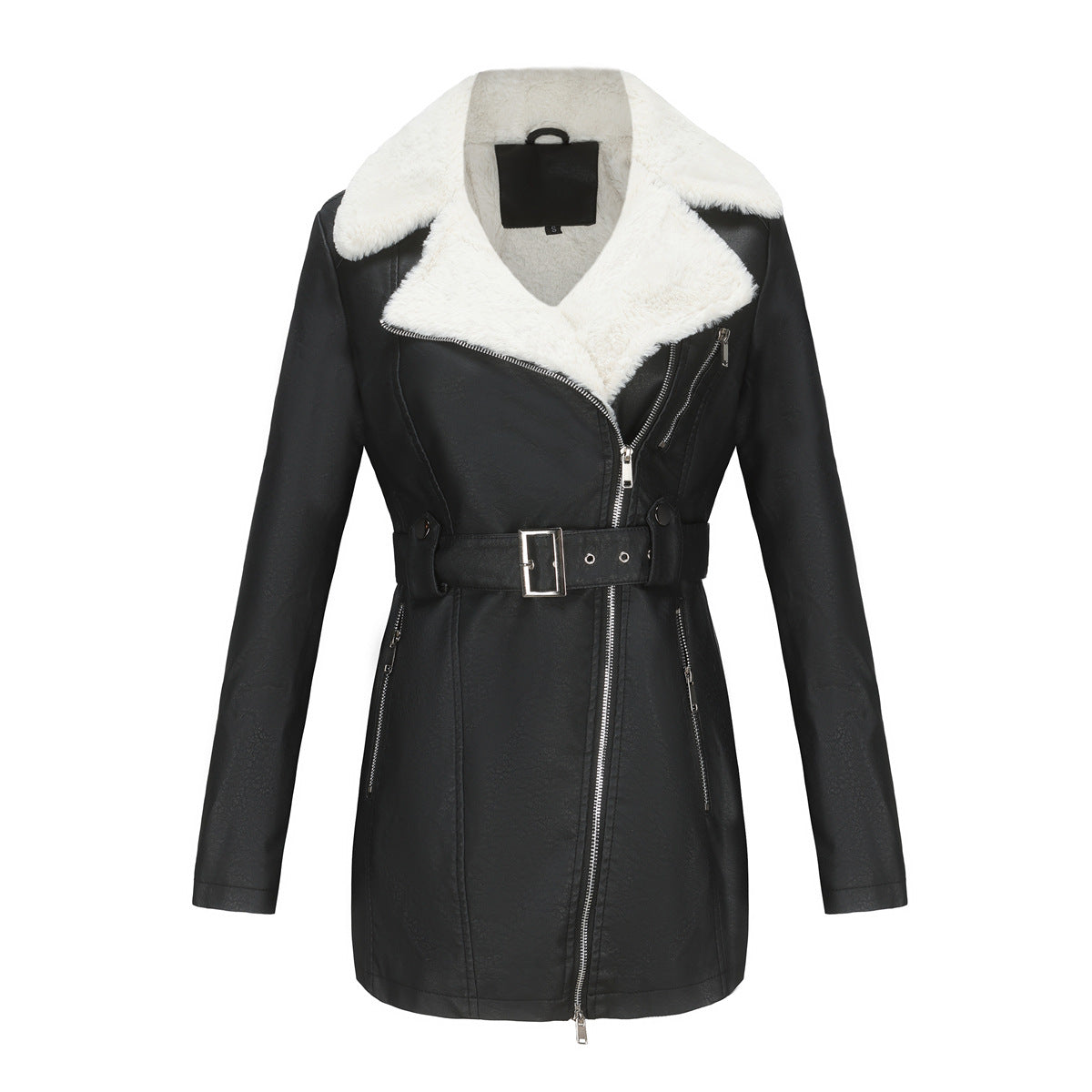 Autumn Winter Long Sleeved Fleece Leather Jacket Women Collared Double Headed Zipper With Belt Warm Coat Black