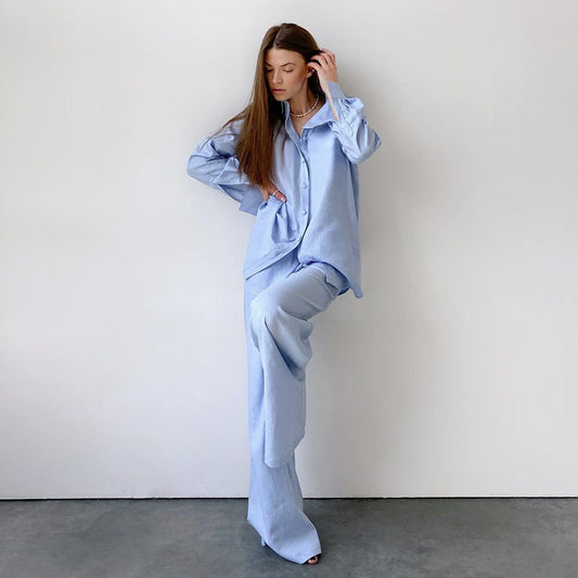 Fall Blue Color Cotton Ladies Homewear Loose Long Sleeved Trousers Pajamas Two Piece Set