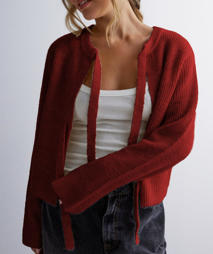 Autumn Winter Women Tops Solid Color Tied Cardigan Loose Sweater Red