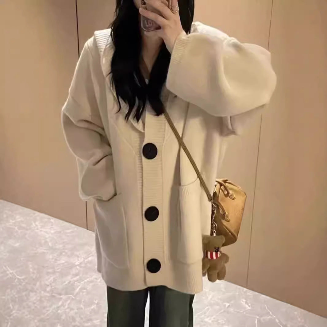 Internet Lazy Knitted Cardigan Hooded Sweater Coat Women Loose Gentle Loose Soft Glutinous