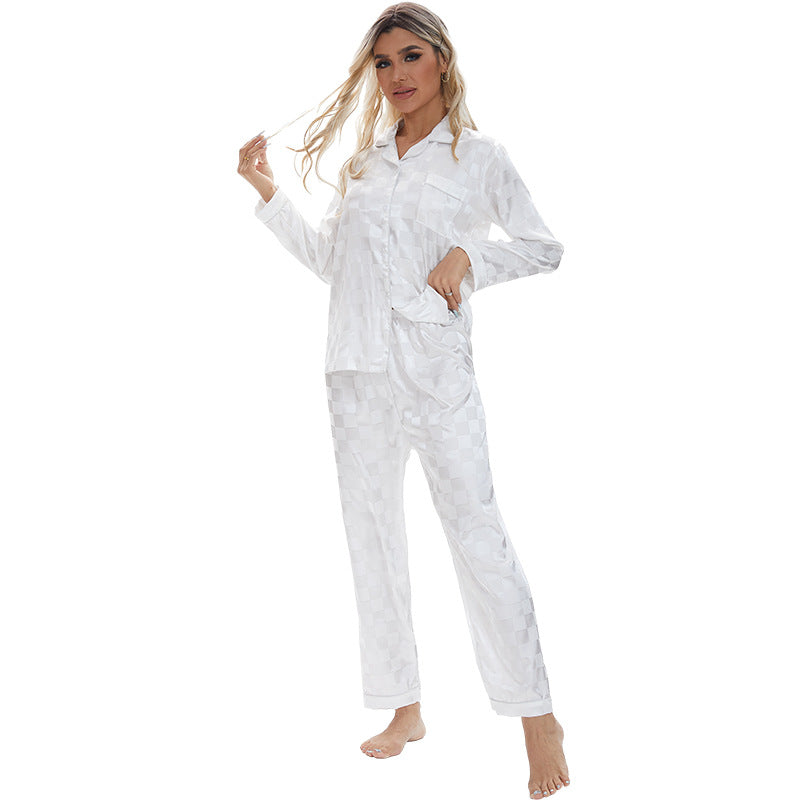 Long Plaid Chessboard Home Wear Pajamas Lady Pajamas Short Sleeve White