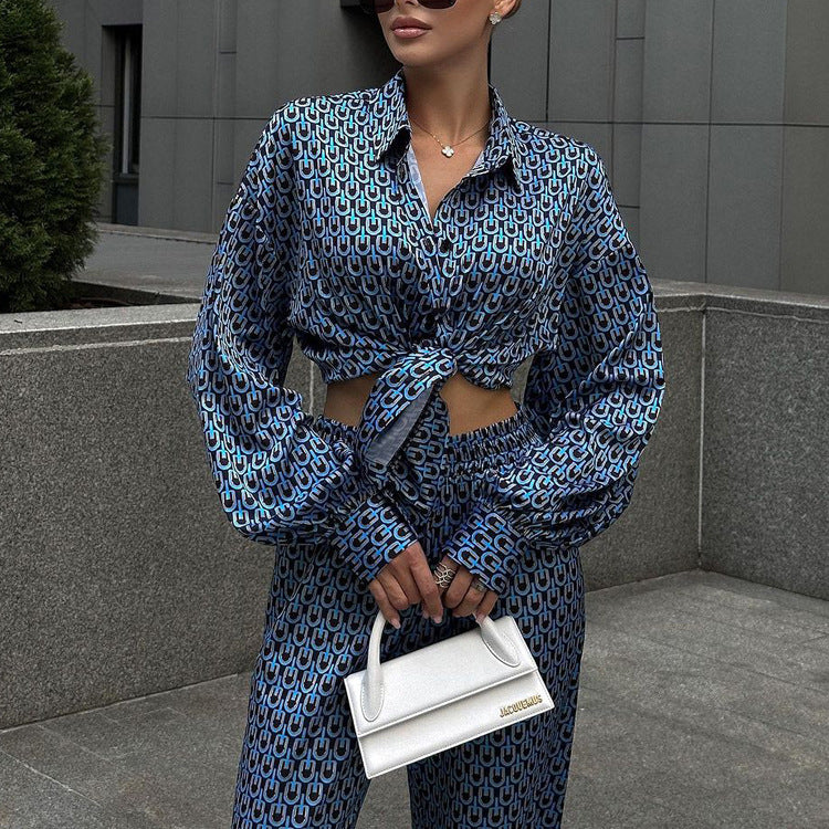 Autumn Elegant Wear Printed Long Sleeve Collared Shirt Drooping Wide Leg Pants Two Piece Sets